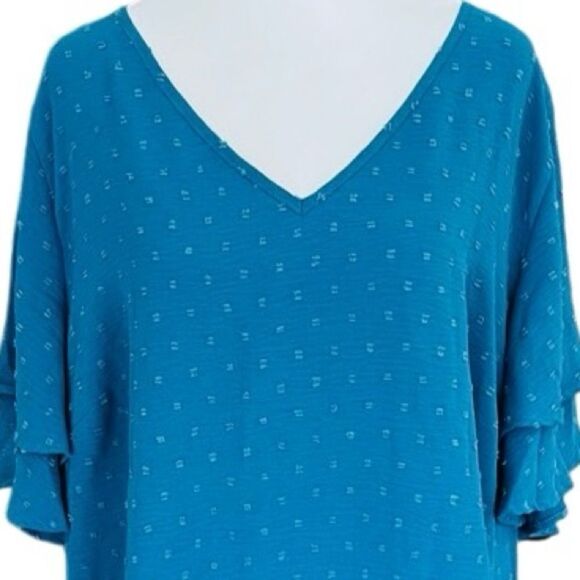 BloomChic Swiss chenille dot v neck top w/double ruffle flutter sleeve sz 18-20 - Picture 7 of 11